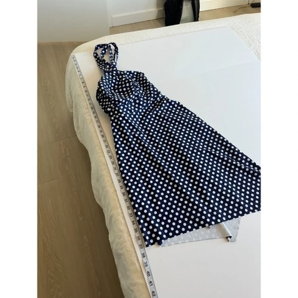 Womens 22W Navy Polka Dot Swim Suit Dress Sweetheart‎ Neckline Tie Front
